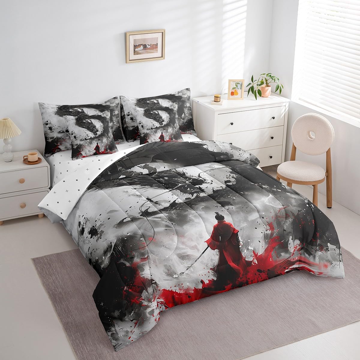 Homewish 7 Pieces Dragon Samurai Comforter Set Queen,Ink Painting Bed Set for Kids Boys Girls,Japanese Style Bedding(1 Comforter,1 Fitted Sheet,1 Flat Sheet,2 Pillowcases,2 Throw Pillow Cover)