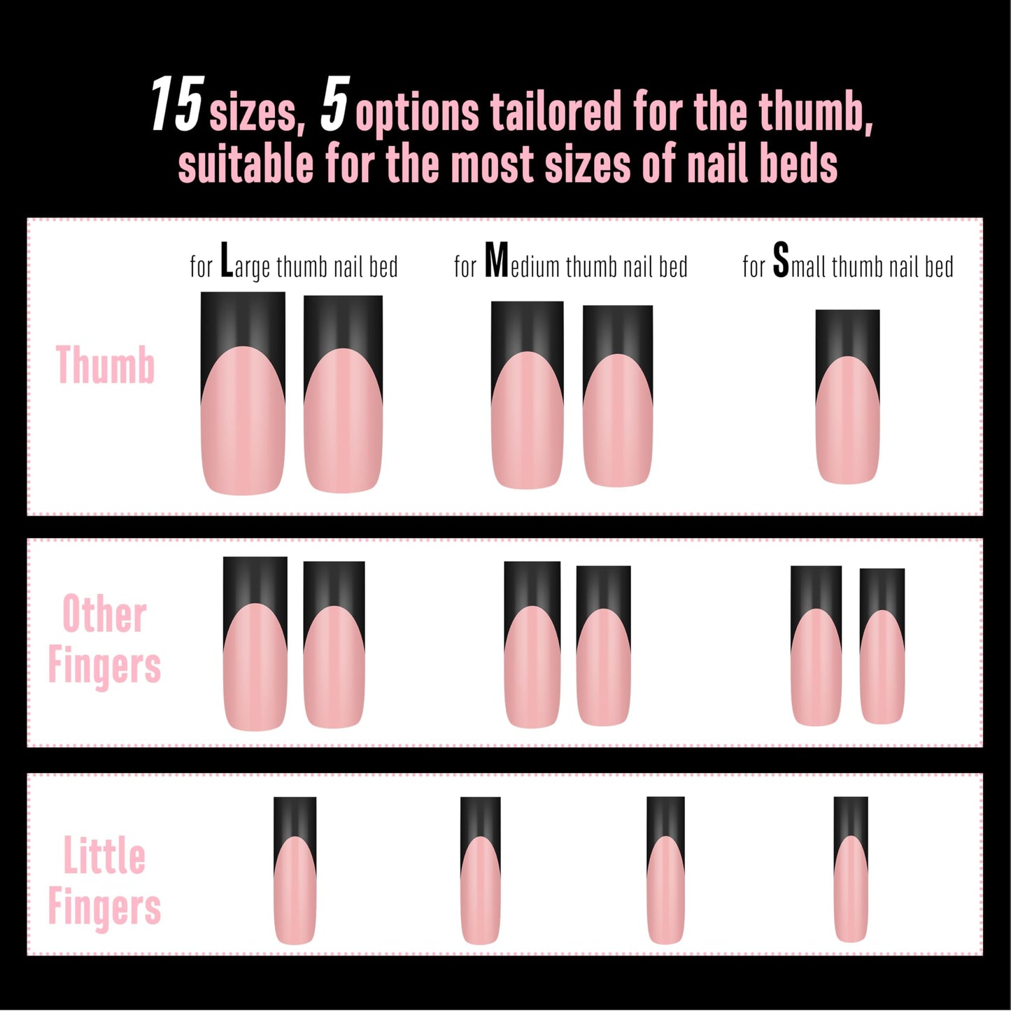 NOVO OVO Soft Gel Nail Tips Long Square - Black French Tip on Baby Pink Base, 180Pcs Full Cover False Nails for Gel X Extension, Sharp Shape Pre-Designed Press on Nails for DIY Home Salon (15 Sizes)