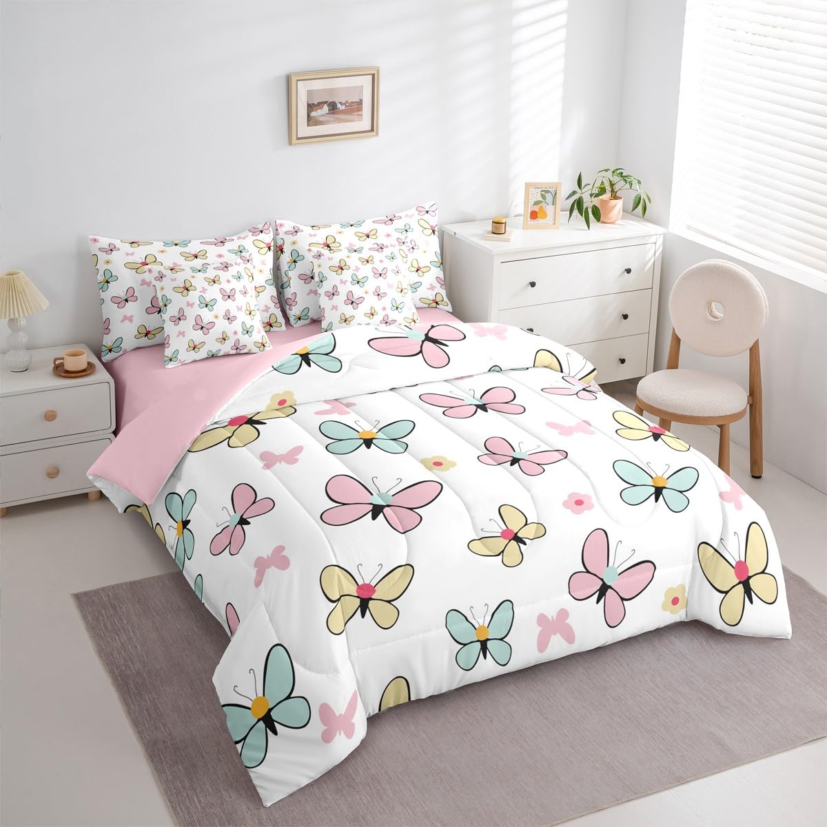 Feelyou Butterfly Comforter Set Queen Size 7 Pieces Cute Pink Bedding Set for Kids Boys Girls Kawaii Bed in a Bag with Comforter, Sheets, Pillowcases, Cushion Covers Soft