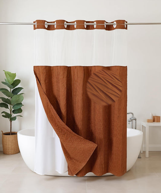 HONCO DIRECT Caramel Ruffle Shower Curtain with Crumpled Texture & Snap -in Liner - No Hooks Required Bathroom Luxury Decor, 72"x72" Waterproof Fabric with Privacy Top Window