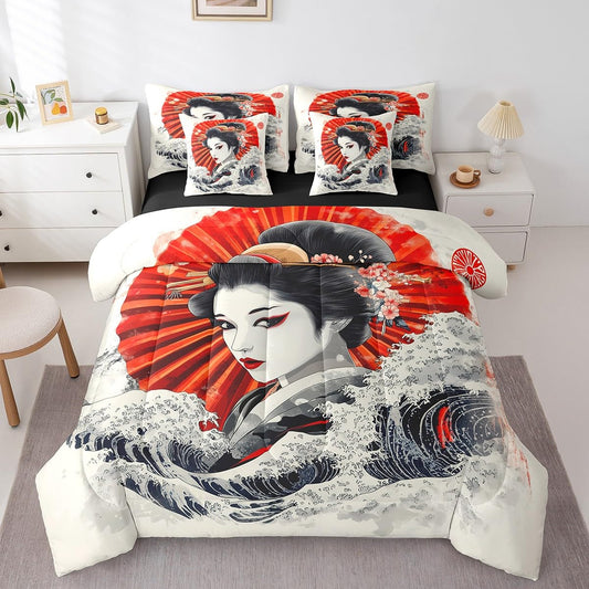Erosebridal Japanese Geisha Comforter Set Twin,Samurai Ukiyoe Bedding Set 7Pcs,Japan Marine Coastal Nautical Quilt,Aesthetic Kimono Bed in a Bag