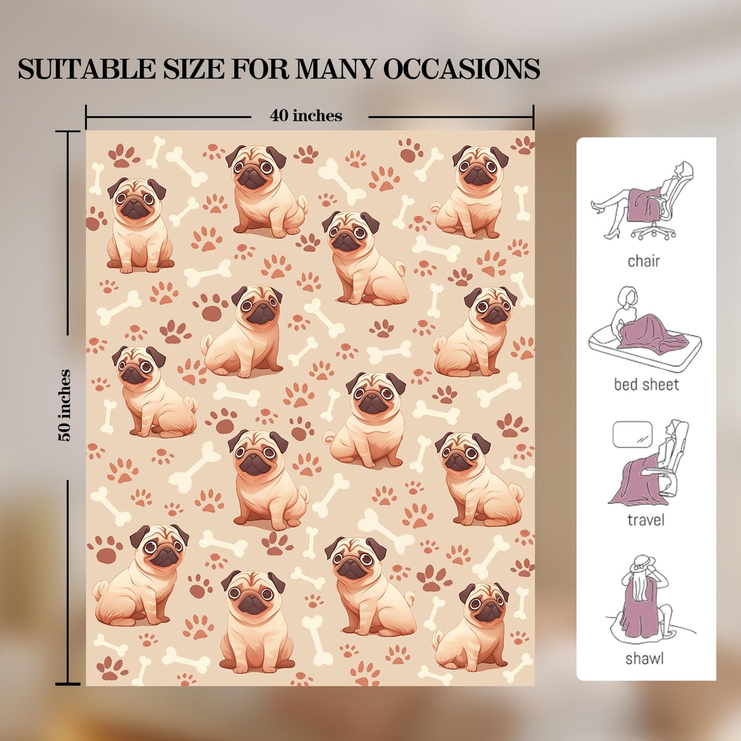 Pug Blanket Pug Dog Decor Cozy Animal Throw Super Soft Plush Flannel Fleece Blanket Gift for Kids Adults Men Women Ultra Warm & Lightweight Flannel, 50"X40"