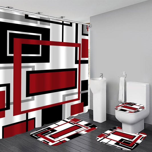 Yddsky 4 Pcs Red Geometric Shower Curtain Sets with Rugs Red Bathroom Sets with Shower Curtain and Rugs Modern Bathroom Curtains Shower Set with Toilet Lid Cover for Bathroom Decor Accessories