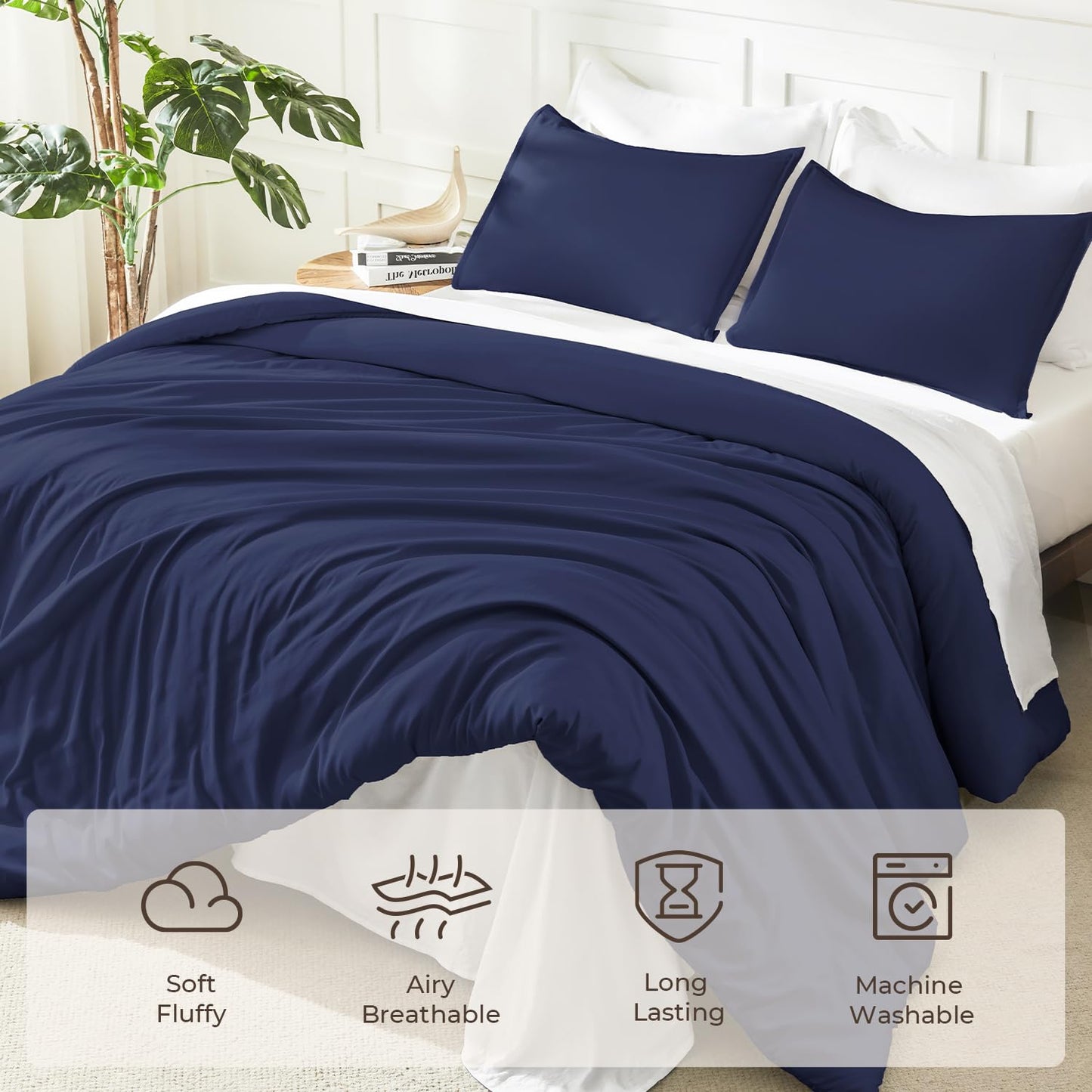 Litanika Navy Blue Comforter Set King Size, 3 Pieces Lightweight Solid Bedding Comforter Set, All Season Fluffy Bed Set (104x90In Comforter & 2 Pillowcases)