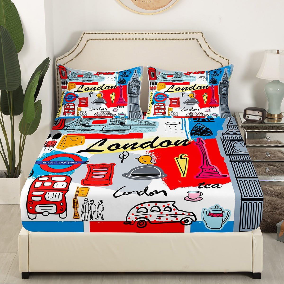 London Themed Fitted Sheet Red Retro Telephone Booth Bed Sheet Set for Kids Children Historical European Scenery Bedding Set Famous City Scene Bed Cover Twin Size with 1 Pillow Case