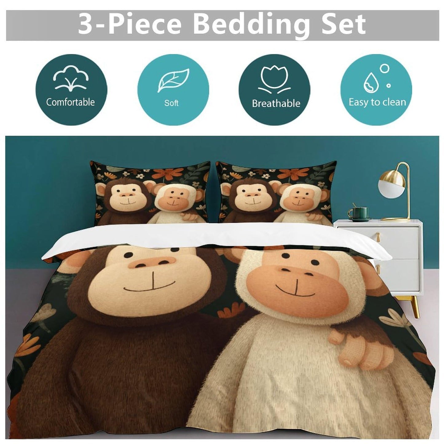 Kjdfhk Monkey Friends Bedding Comforter Sets Bedding Set 3 Pieces (1 Duvet Cover 2 Pillowcases) with Zipper Closure Lightweight