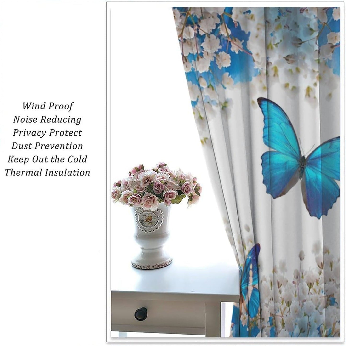 PHTAYOT Butterfly Curtains, Blue Floral Spring Rustic Farmhouse Butterfly Print for Kids Girl Boy Room Window Decor, Rod Pocket Drapes for Living Room Bedroom Kitchen 2 Panel Set 20.5" W X 45" L