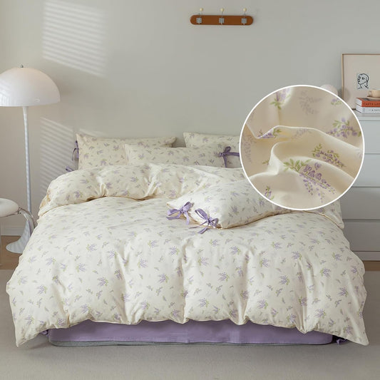 Queen Comforter Set White Purple Floral Bedding Comforter Garden Style Lilac Flower Comforter with 2 Bow Ties Pillowcases Fluffy Girls Floral Bedding Set Vintage Flower Botanical Comforter Set Queen