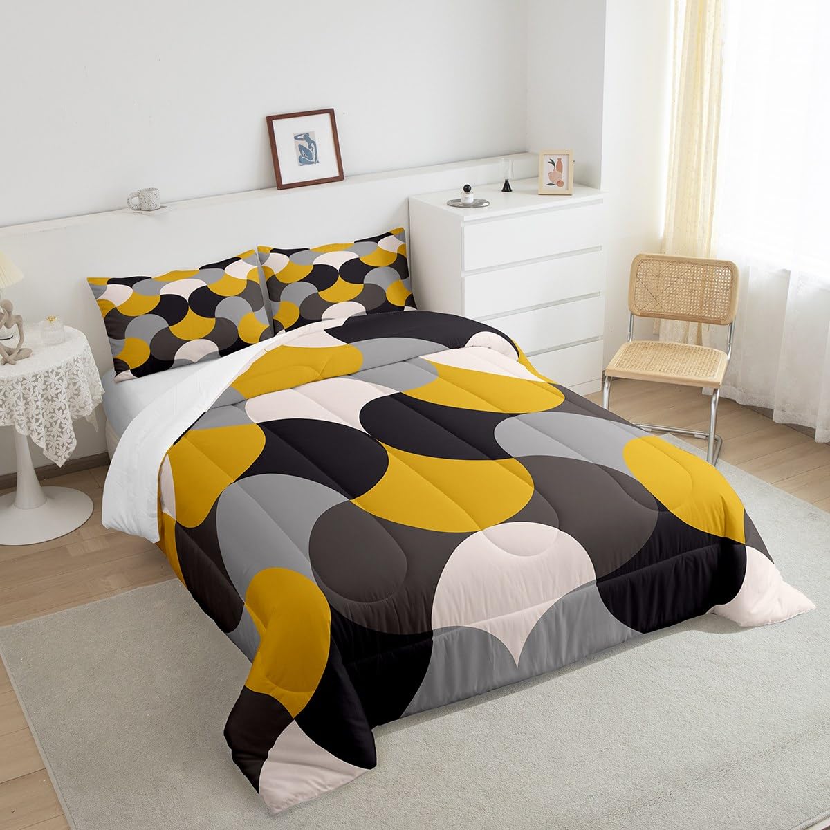 Feelyou Geometric Print Bedding Set Geometric Yellow Grey Black Comforter Set for Kids Boys Girls Teens Decor Modern Art Comforter Luxury Abstract Art Duvet Set 3Pcs Queen Size