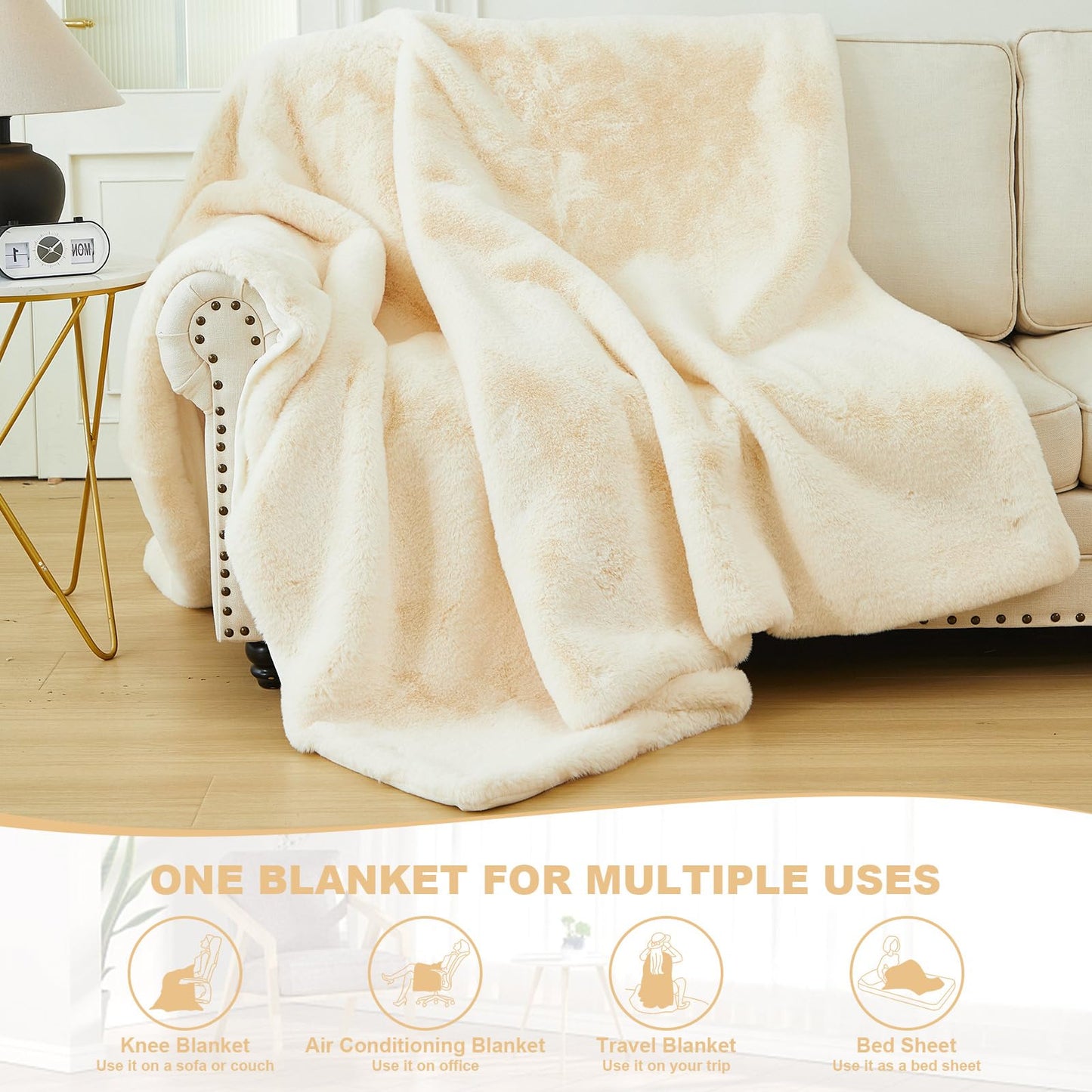 LiveGo Luxury 1000GSM Faux Mink Cashmere Throw Blanket, Super Heavy Warm Cozy Blankets for Couch Bed Sofa, Plush Elegant Soft Reversible Mink Blanket for Living Room Bedroom (Off-White, 100x160cm)