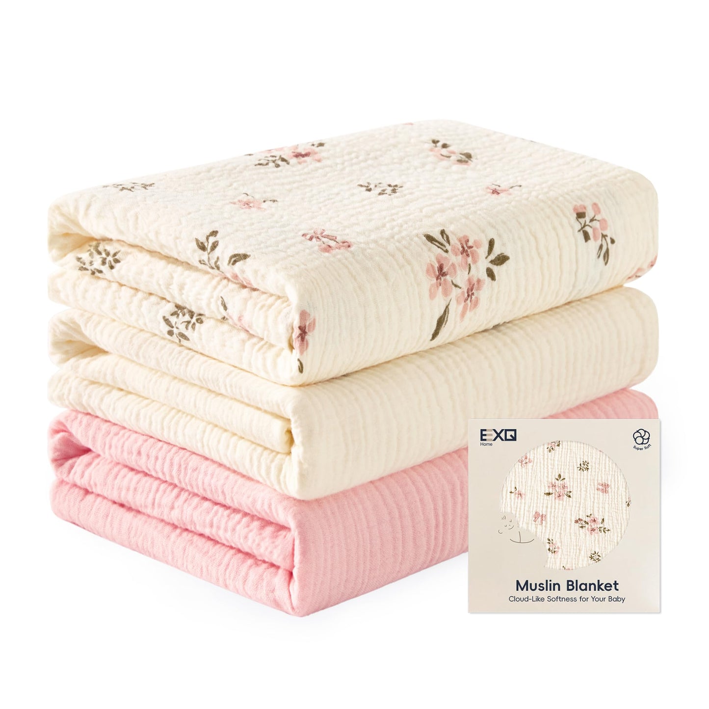 EXQ Home Muslin Swaddle Blankets for Baby, 3 Pack Cotton Breathable Soft Receiving Blankets for Newborn Boys and Girls, Baby Essentials & Gift, 38x40 inches(Pink Blossoms)