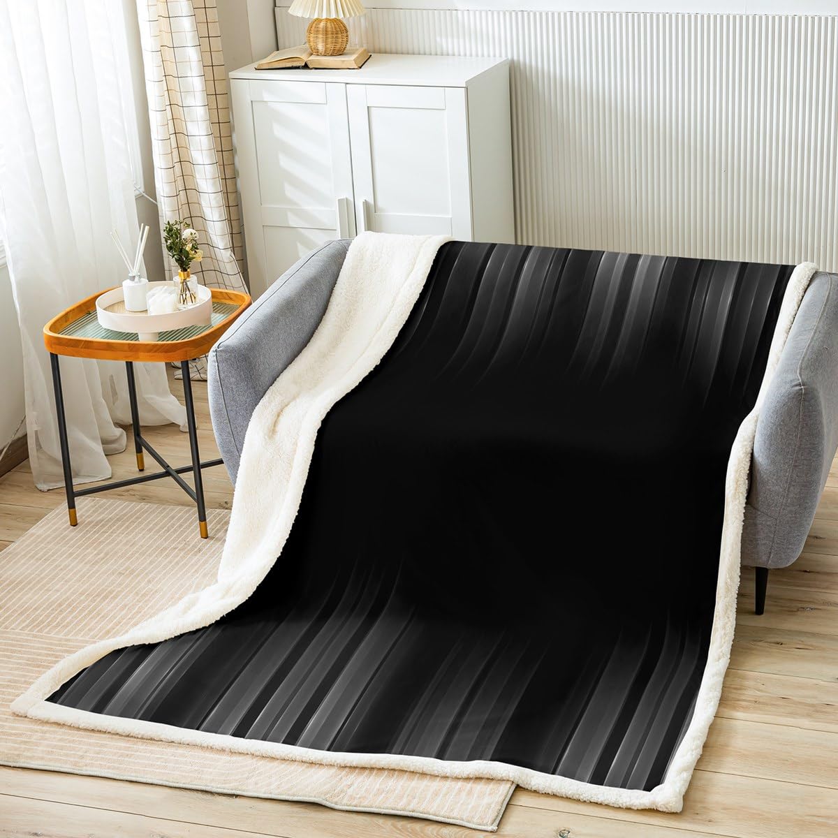 Feelyou Geometric Abstract Ombre Fleece Throw Blanket Throw 50"x60" Kids Gray and Black Striped Plush Blanket for Bed Sofa Couch Boys Girls Teens Modern Fashion Sherpa Blanket Stripes Fuzzy Blanket