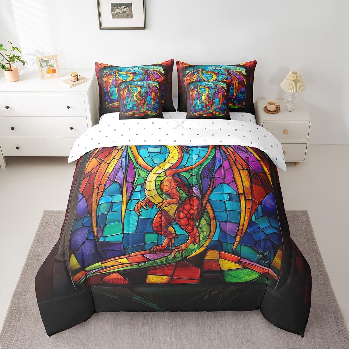 Erosebridal Western Dragon Bed in A Bag with Sheets Exotic Boho Style Dragon Twin Comforter Set 7 Piece Fantasy Dragon Bedding Set for Kids Boys Teen Men Magical Wildlife Animal Bed Set