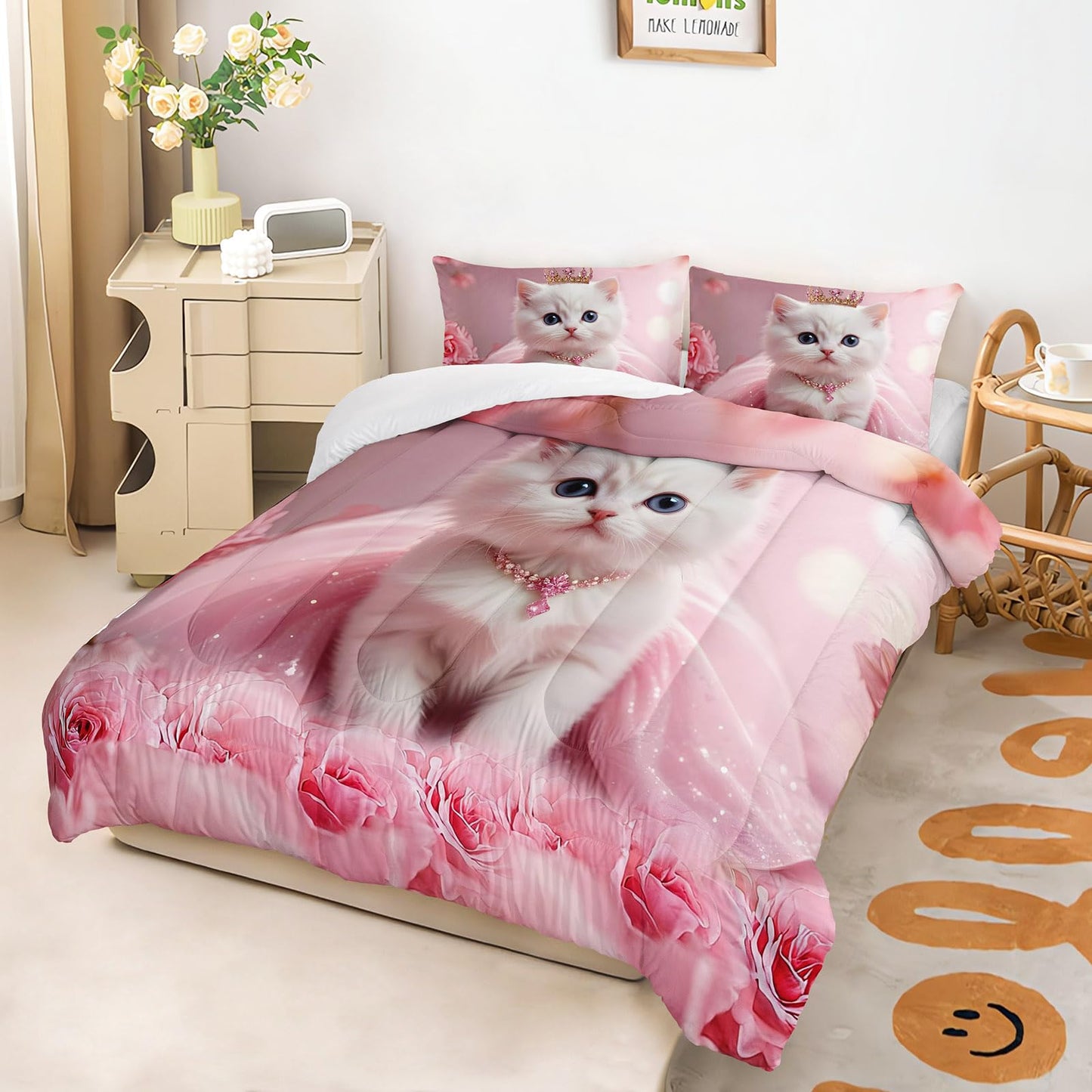 AILONEN 3D White Cat Comforter Set for Kids,Girls Twin Size,Cute Crown Kitten Bedding Set for Bedroom Decor,3-Piece,1 Quilt + 2 Pillowcases,Soft Microfiber