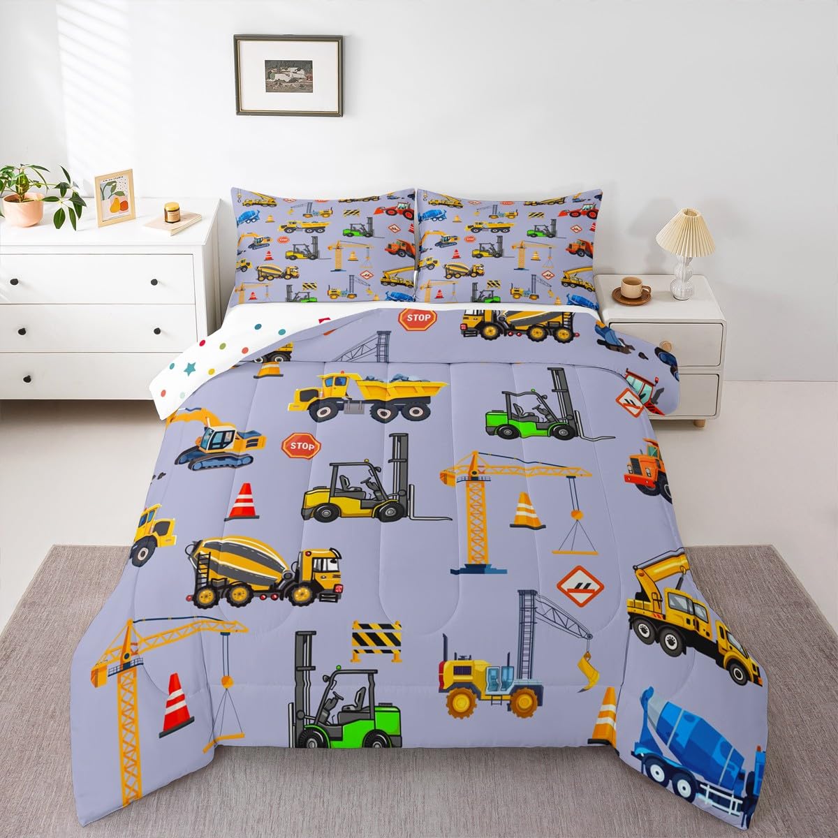 jejeloiu Excavator Comforter Set All Season Cartoon Car Bedding Set with 1 Pillow Cases Equipment Trucks Microfiber Kids Twin Bedclothes Construction Bedroom Decor Duvet Quilt Breathable Soft