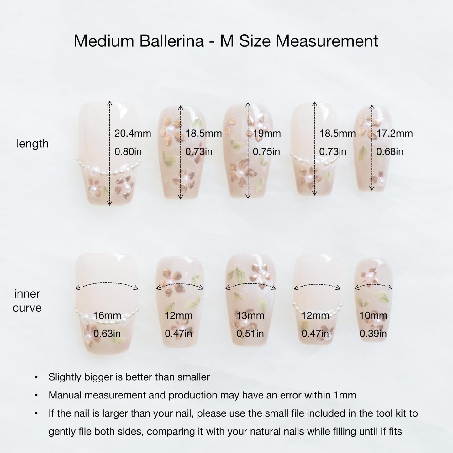 [GLORS] Medium Ballerina Press On Nails, Nude Pink with Rose Gold Foil and Pearl Accents, 10 Pieces (Medium, MB)