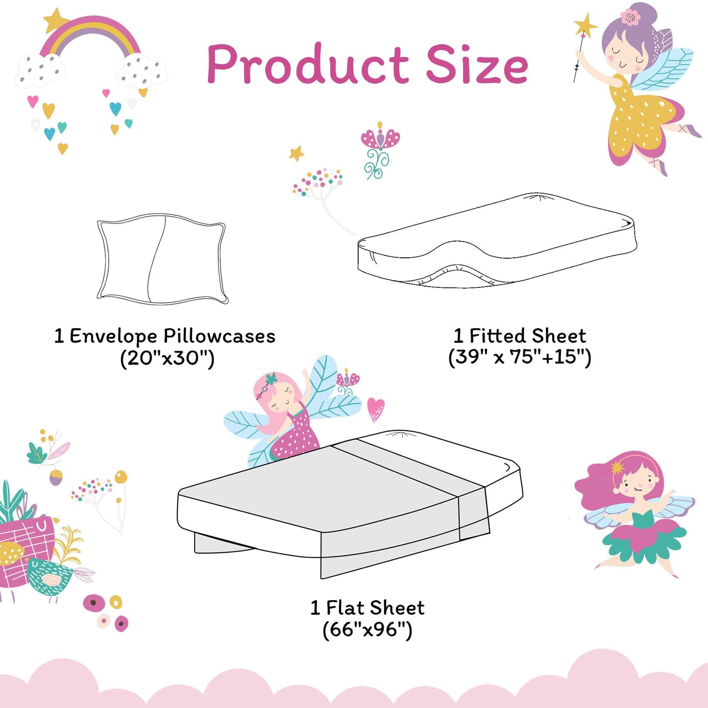 JSD Purple Fairy Kids Sheet Set Twin Size, 3 Piece Girls Floral Printed Microfiber Sheets Deep Pocket