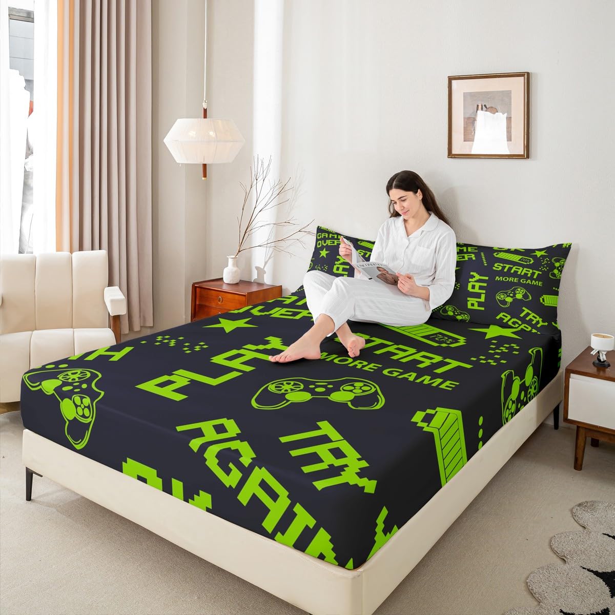 Erosebridal Games Fitted Sheet Twin Size Kids Boys Gamepad Gamer Bedding Set Gaming Sheet Set Gifts for Christmas Bed Cover Gamer Room Decor with 1 Pillow Case Green Black No Flat Top Sheet