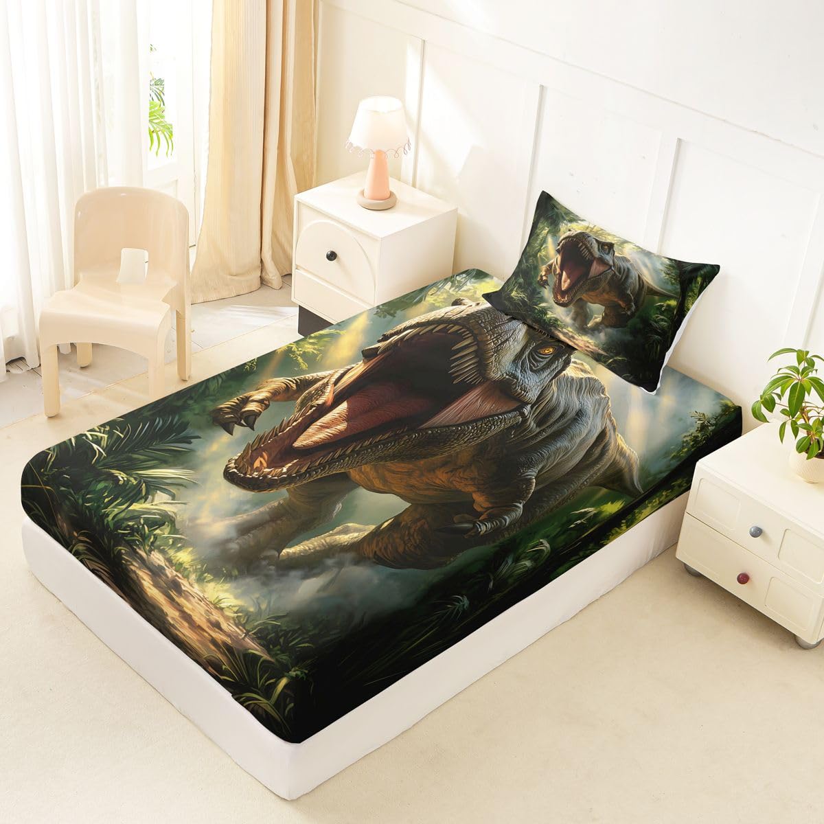 Feelyou Dinosaur Bed Sheets Set Twin Size 3D Digital Print Deep Pocket Fitted Sheet Jungle Dino Bedding Sets Wild Animal Soft Bed Set 3Pcs with 1 Pillow Cases Green Red