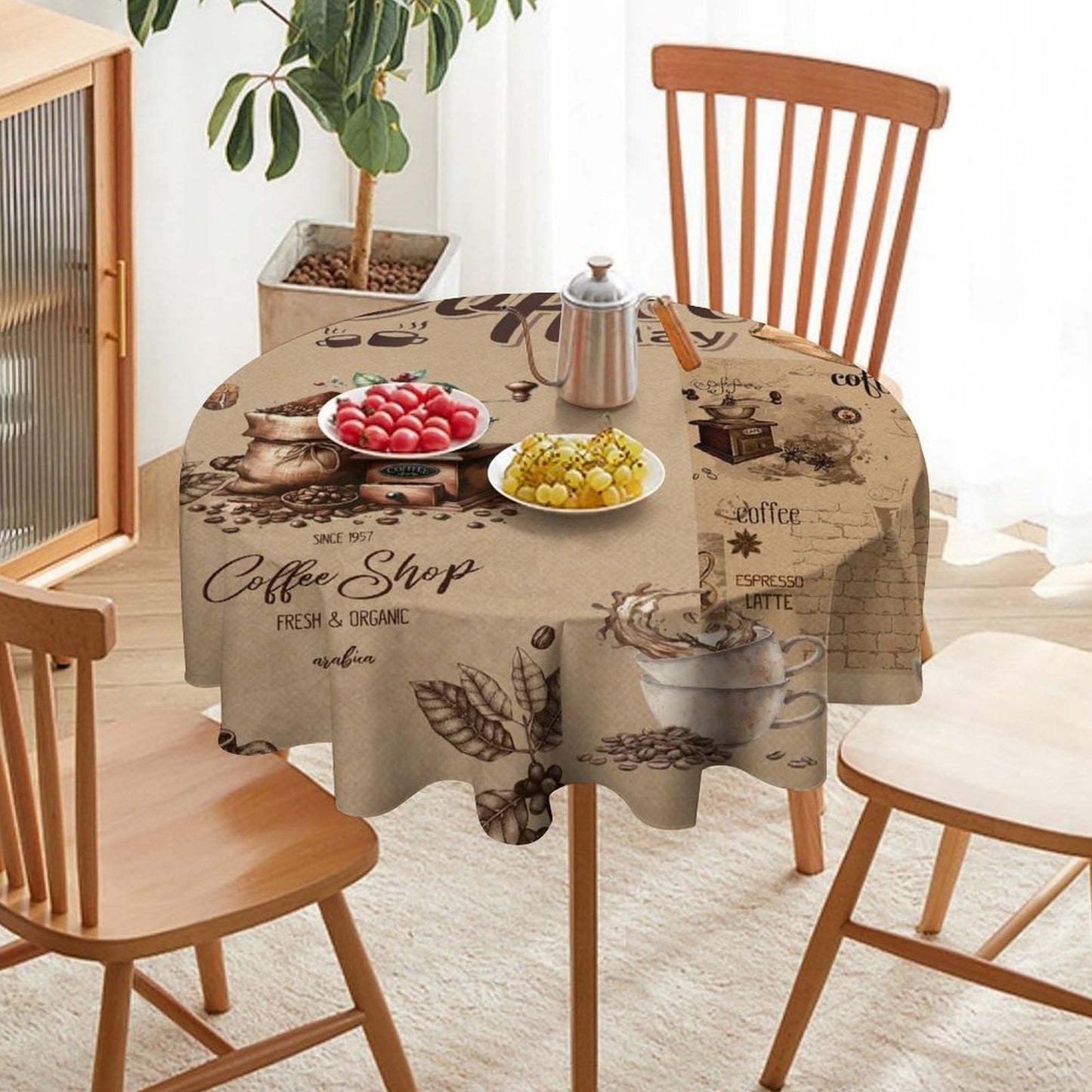 GoDazzling Coffee Modern Kitchen Round Tablecloth, Retro Country Brown Coffee Latte Bean Pattern Print Tablecloth for Home Party Dining Room Kitchen Decor 36Inch(90cm)