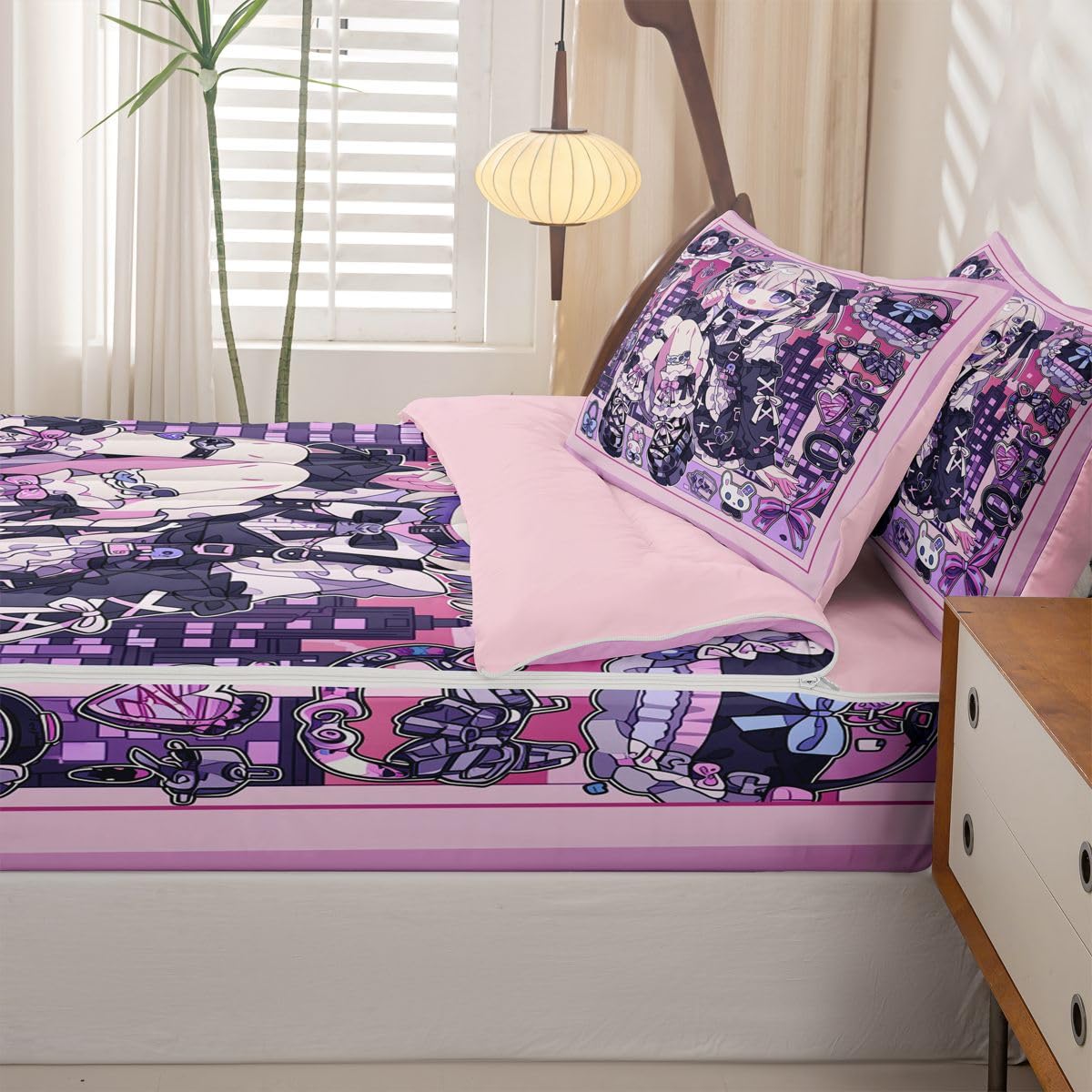 Erosebridal Japanese Uniform Girl Kids Comforter Set with Zipper, Anime Gift Twin Size Zipper Bedding Set, Kawaii Coquette Bed-in-A-Bag