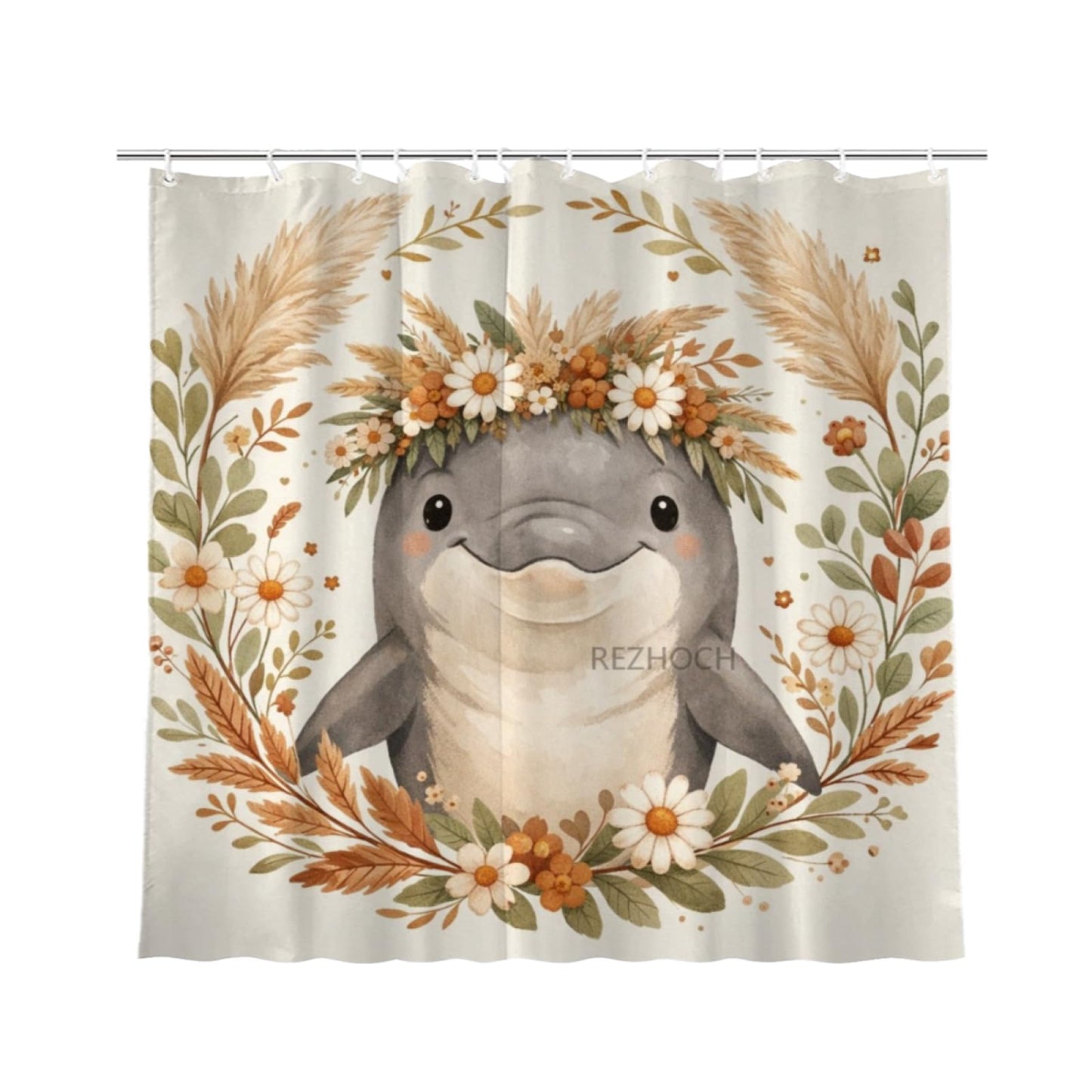 REZHOCH Boho Funny Dolphin Shower Curtain 72x72Inch,Floral Cute Animal Home Bathroom Decor,Bohemian Wildlife Flower Crown,Rustic Farm Nature Neutral Beige Bath Set with Hooks