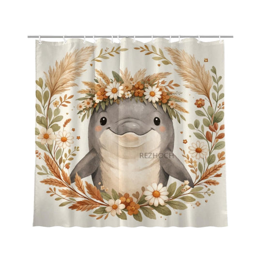 REZHOCH Boho Funny Dolphin Shower Curtain 72x72Inch,Floral Cute Animal Home Bathroom Decor,Bohemian Wildlife Flower Crown,Rustic Farm Nature Neutral Beige Bath Set with Hooks