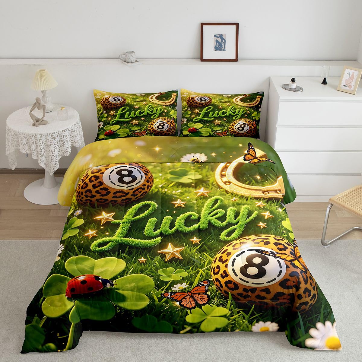 Erosebridal Y2K Lucky 8 Ball Comforter Set Twin Girly Fashion Leopard Bedding Set for Girls Room Decor,Preppy Cheetah Print Comforter for Kids Teen Adults,Trendy Aesthetic Y2K Style Bed Set