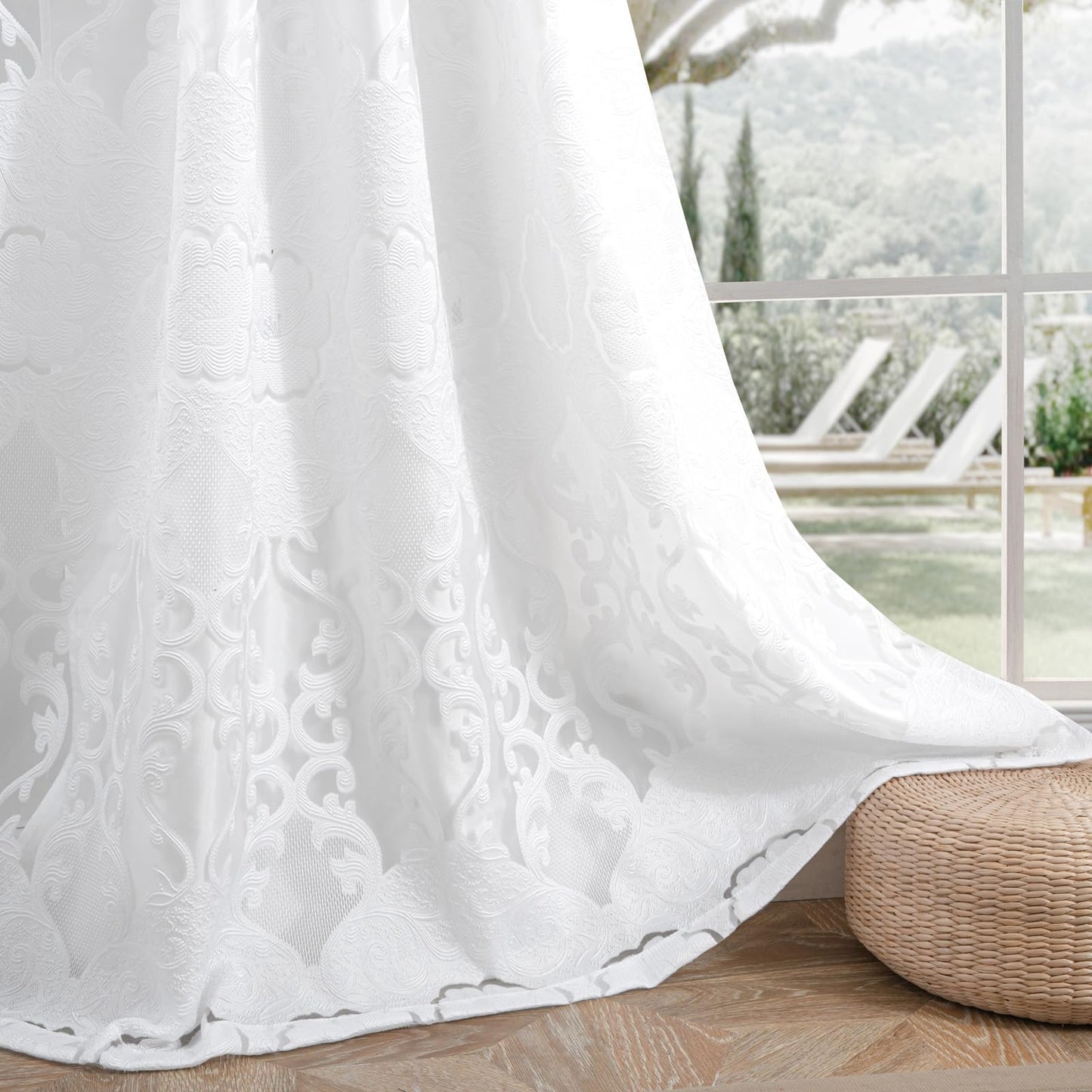 Petrichor White Sheer Jacquard Voile Curtains （54" W x 84" L）, 2 Panels with Attached Valance, Double Layer Floral Cutwork Design with Luxurious Texture, Rod Pocket, for Bedroom & Living Room