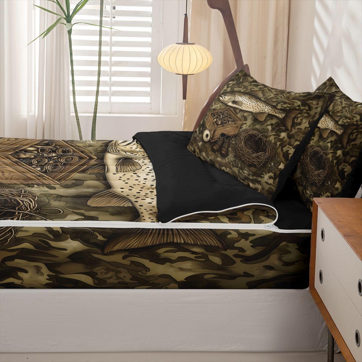 jejeloiu Hunting Fishing Zipper Bedding Cabin Lodge Comforter Set for Kids Boys Girls Twin Size Camo Camouflage Zippered Kids Bedding Set Ultra Soft Wildlife Bed in a Bag