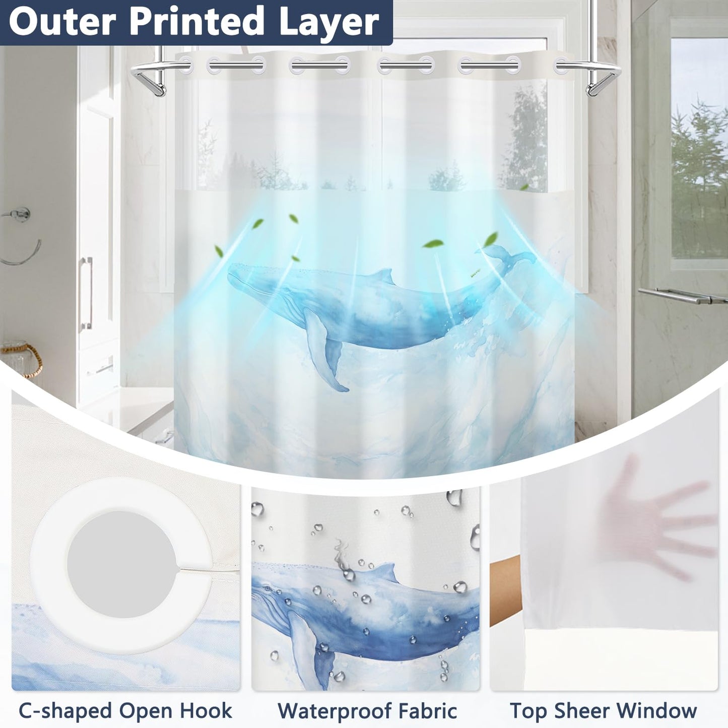 Sea Whale Shower Curtain with Snap in Liner, Blue Ocean Marine Life Coastal Design Bathroom Curtains, Double Layers No Hook Shower Curtain with Weighted Hem, Washable Waterproof Fabric, 71x74 Inch