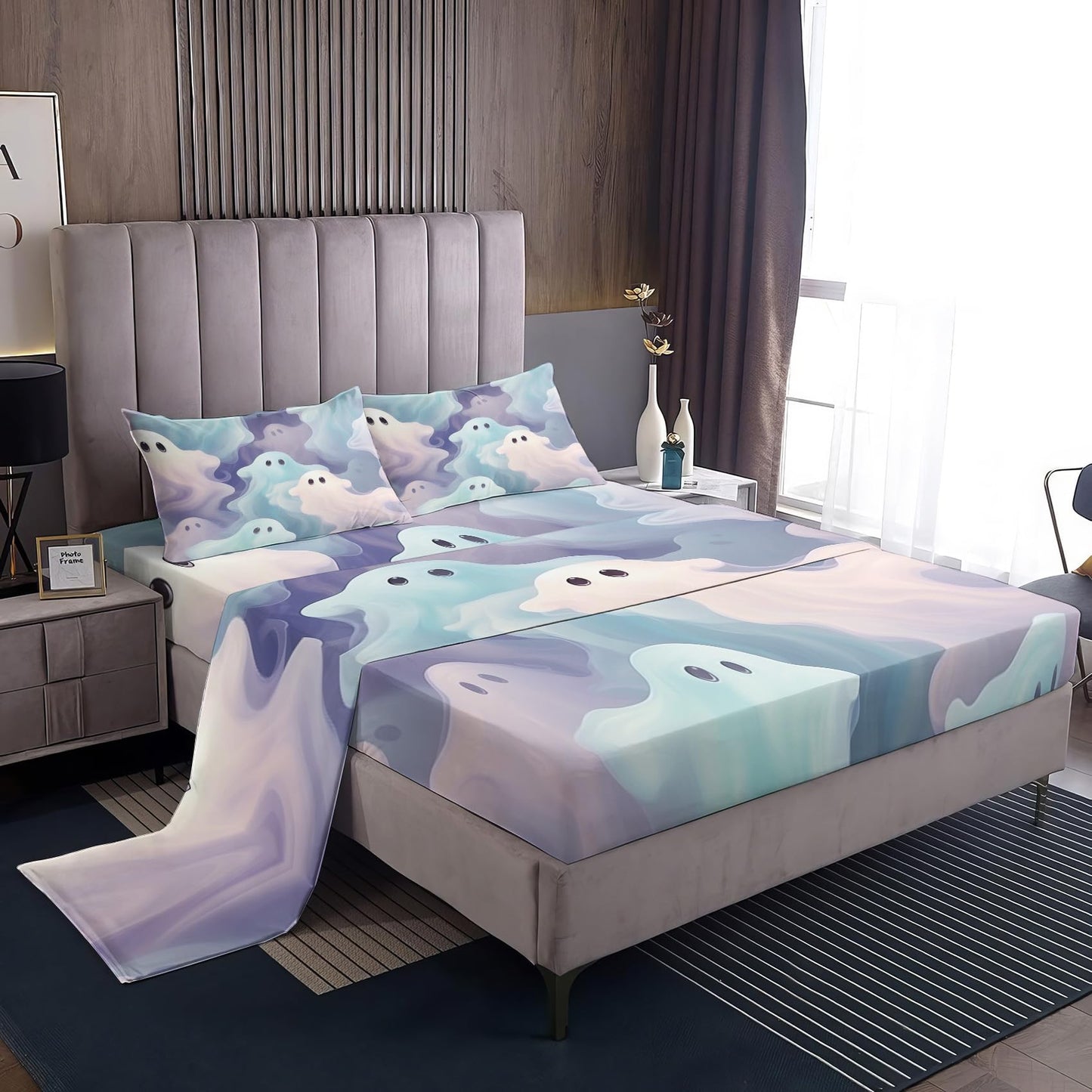 Rejkxyw King Size Sheets Set Cute Ghost - Cartoon Bed Sheets - Kids Boys Girls Sheet Set - 12 Inch Deep Pocket - Ultra Soft Winkle Free Microfiber Bedding Sheets & Pillowcases 4 Piece