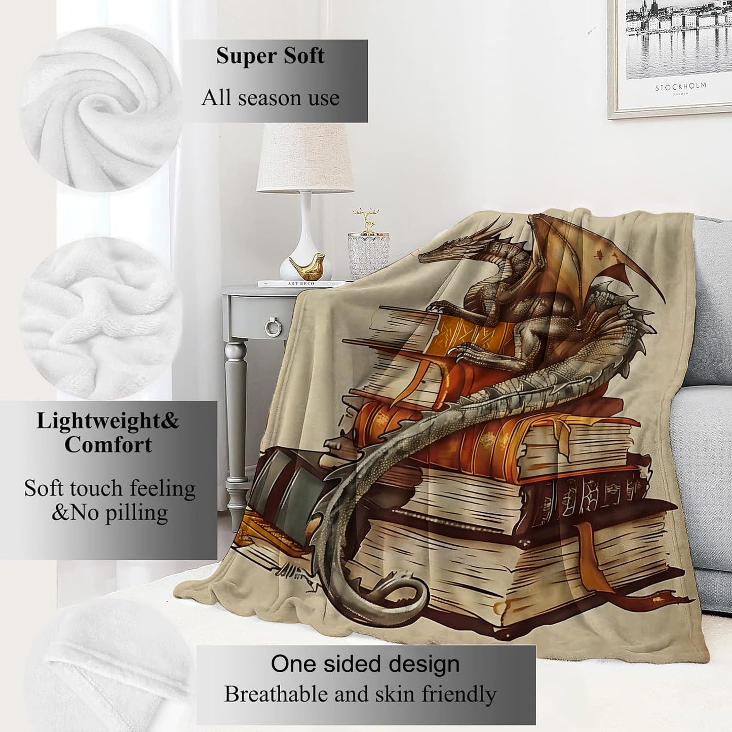 VODRM Dragon and Book Blanket Mystical Fantasy Throw Blankets with Ancient Books and Majestic Animal,Birthday Gifts for Kids Women,Lightweight Soft Fleece,for Sofa Couch Bed Room Decor 50x60in