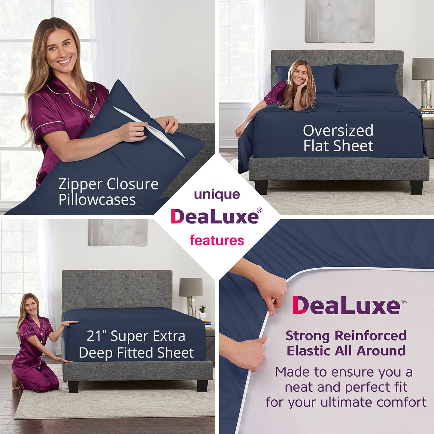 Extra Deep Pocket King Bed-Sheets – 4-Piece Includes: 18”-21” Inch Super Extra Deep Pocket Fitted Sheet – Oversize Flat Sheet – 2 Zipper Closure Pillowcases – Perfectly Fit – King Size – Navy Blue