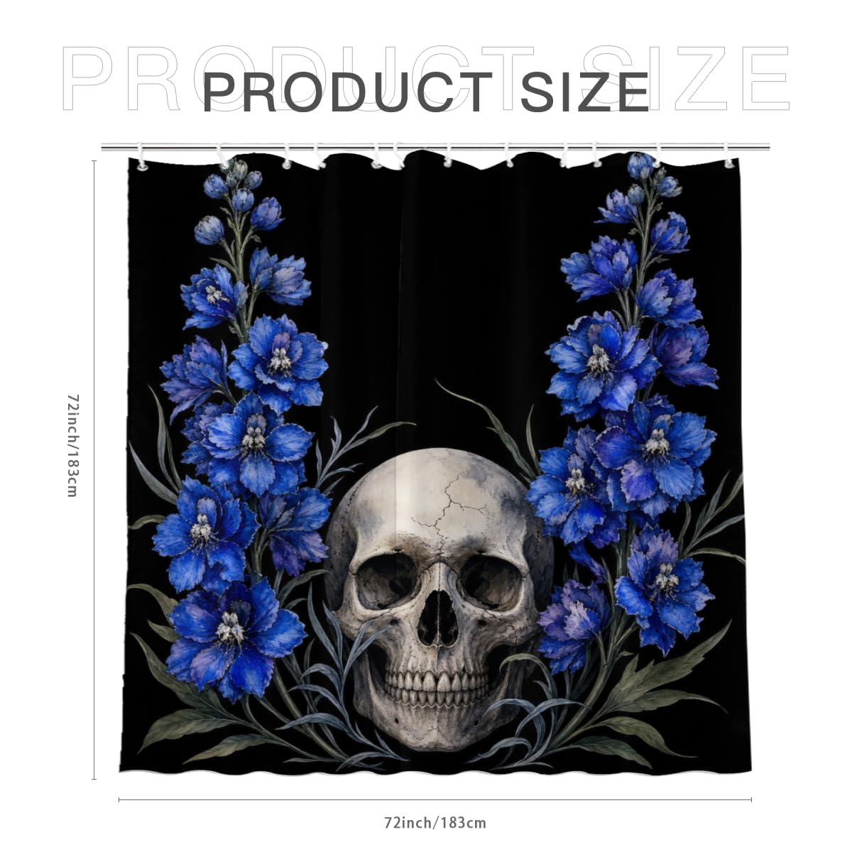 TopPacific Skull Blue Delphinium Shower Curtain 72x72 Inch Shower Curtain with 12 Hooks Polyester Skull Blue Delphinium Flowers Black Background Bathroom Decor