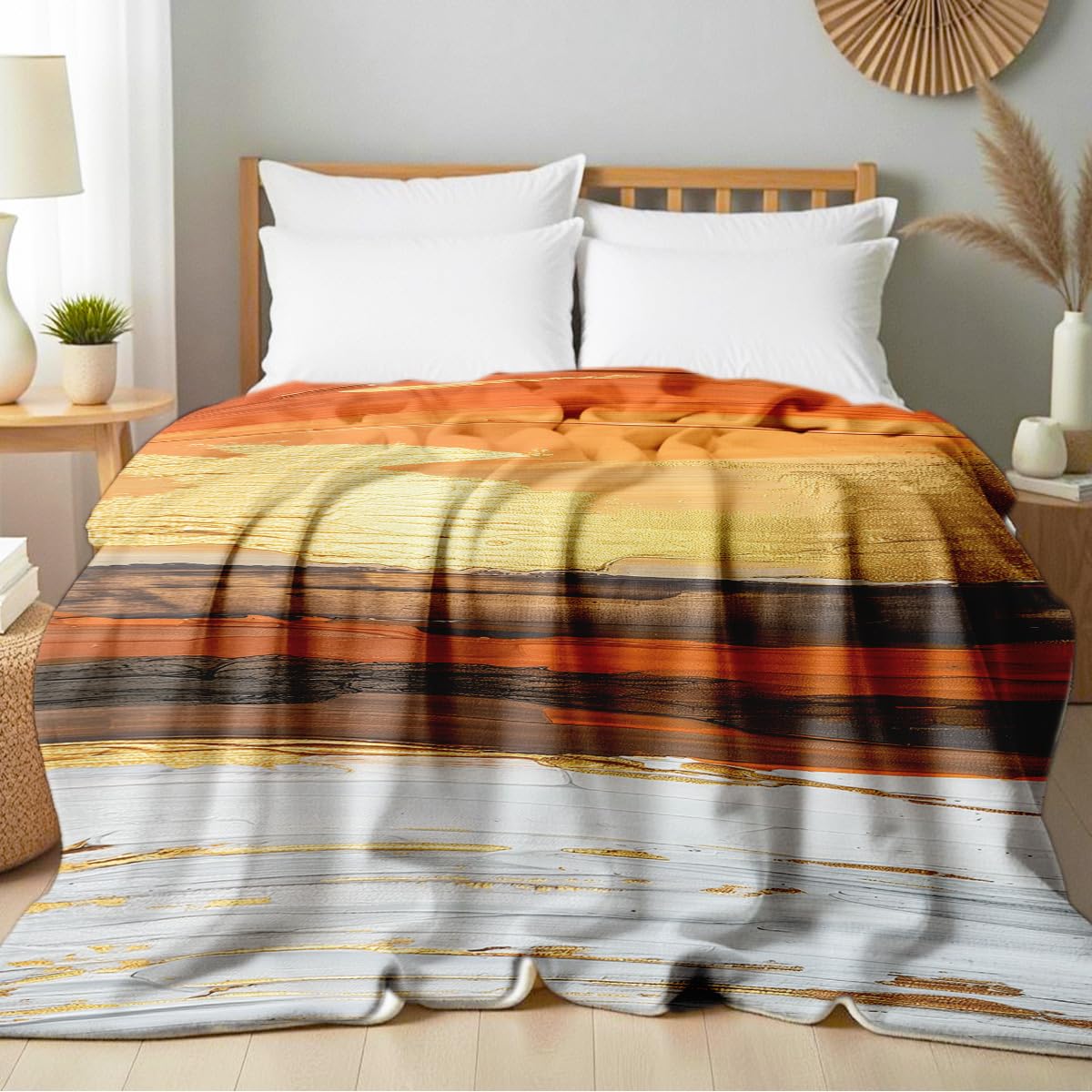 HUNXIAOJ Orange Blanket Throw for Couch Bed Abstract Print Blanket Soft Flannel Bedding Modern Bedroom Home Decor (49"x59")