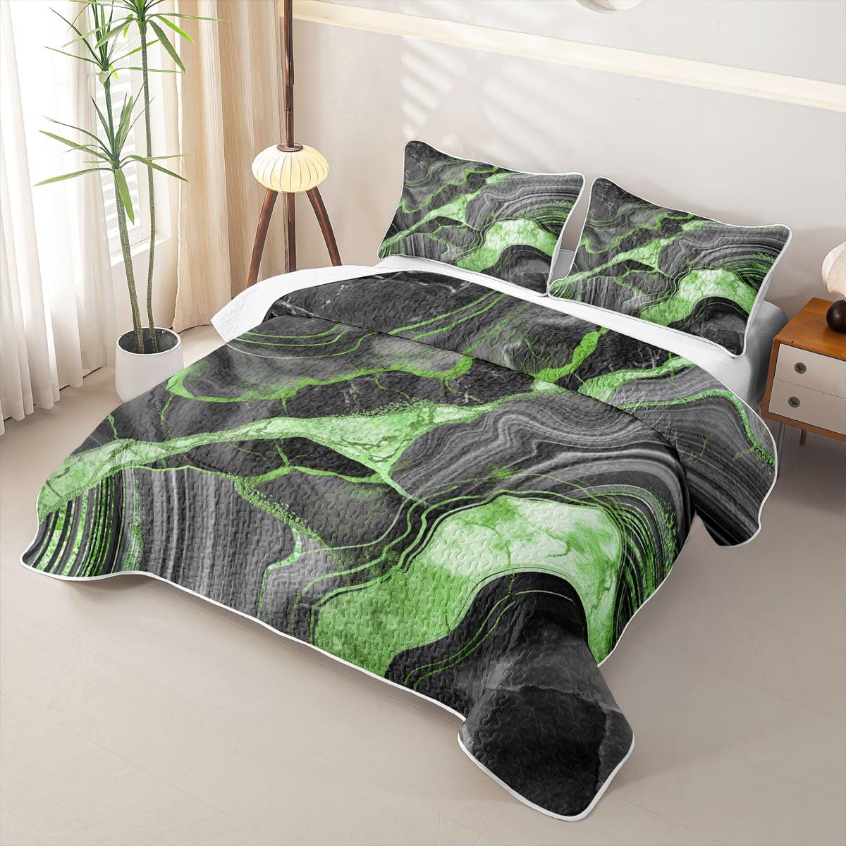 Erosebridal Black Marble Quilt Twin Green Bedding Quilt Set Gray Abstract Marbling Metallic Texture Quilted Bedspread Boho Hippie Fluid Black Coverlet