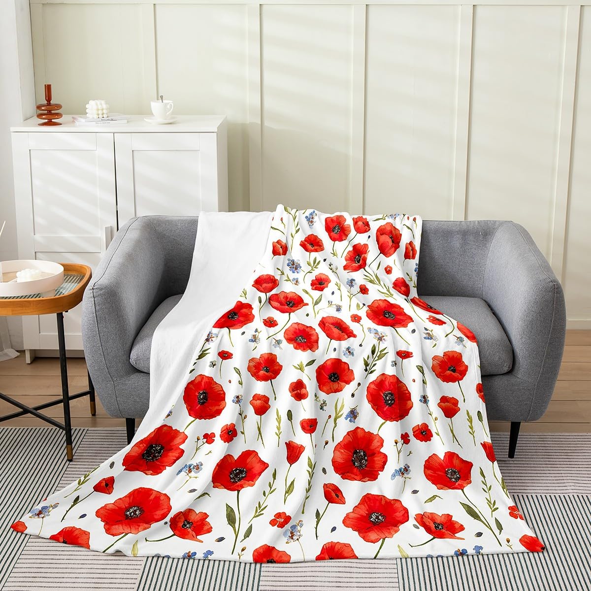 Feelyou Red Poppy Fuzzy Blanket Throw 50"x60" Floral Flower Blossom Printed Flannel Fleece Throw Blanket Botanical Branches All Season Bed Blanket Spring Garden Plush Blanket