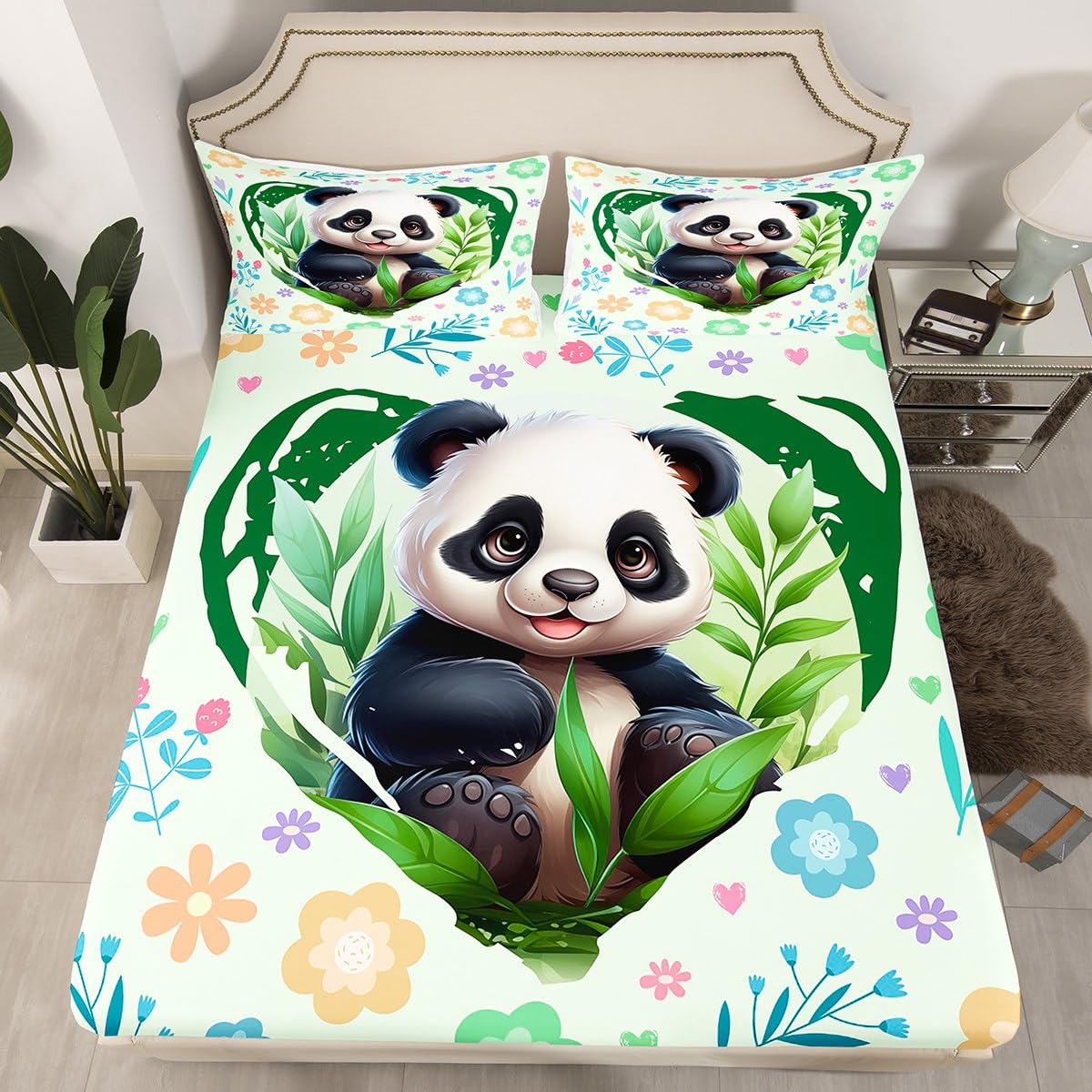 Manfei Kawaii Panda Bed Sheet Set Twin Size,Cute Wild Animal Bamboo Sheet Set,Green Love Heart Flowers Leaves Graffiti Bedding Decor Set with 1 Flat & 1 Fitted Sheet with 1 Pillow Sham