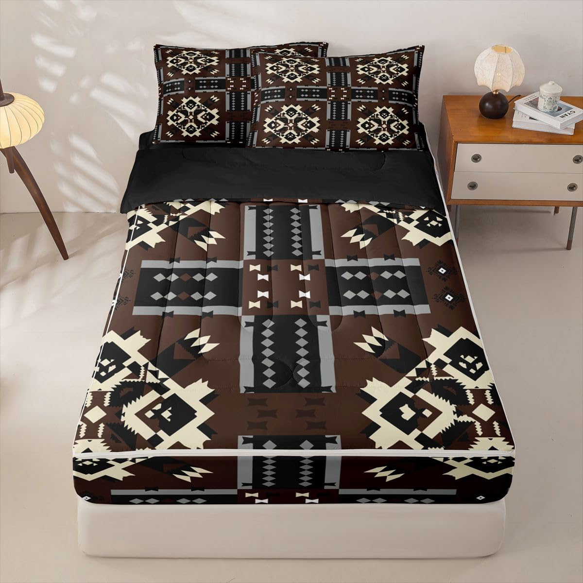 Brown Aztec Zipper Bedding Set Full,Southwestern Tribal Bed-in-a-Bag Set Zip-Up Comforter with Fitted Sheet & Pillowcases,Black and White Native Farmhouse Bedroom Decor for Kids & Teens Pet Friendly
