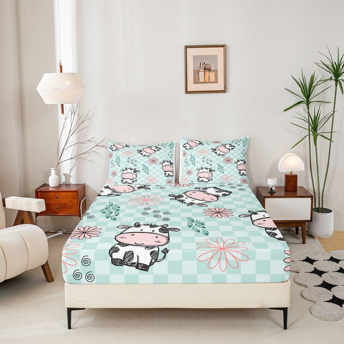 Erosebridal Kids Cartoon Cow Bedding Set Full Size Lovely Animal Fitted Sheet for Boys Girls, Child Cute Pet Bed Sheet Set Abstract Flowers Flat Sheet Quilt Set Buffalo Checked Backdrop Bedroom Decor