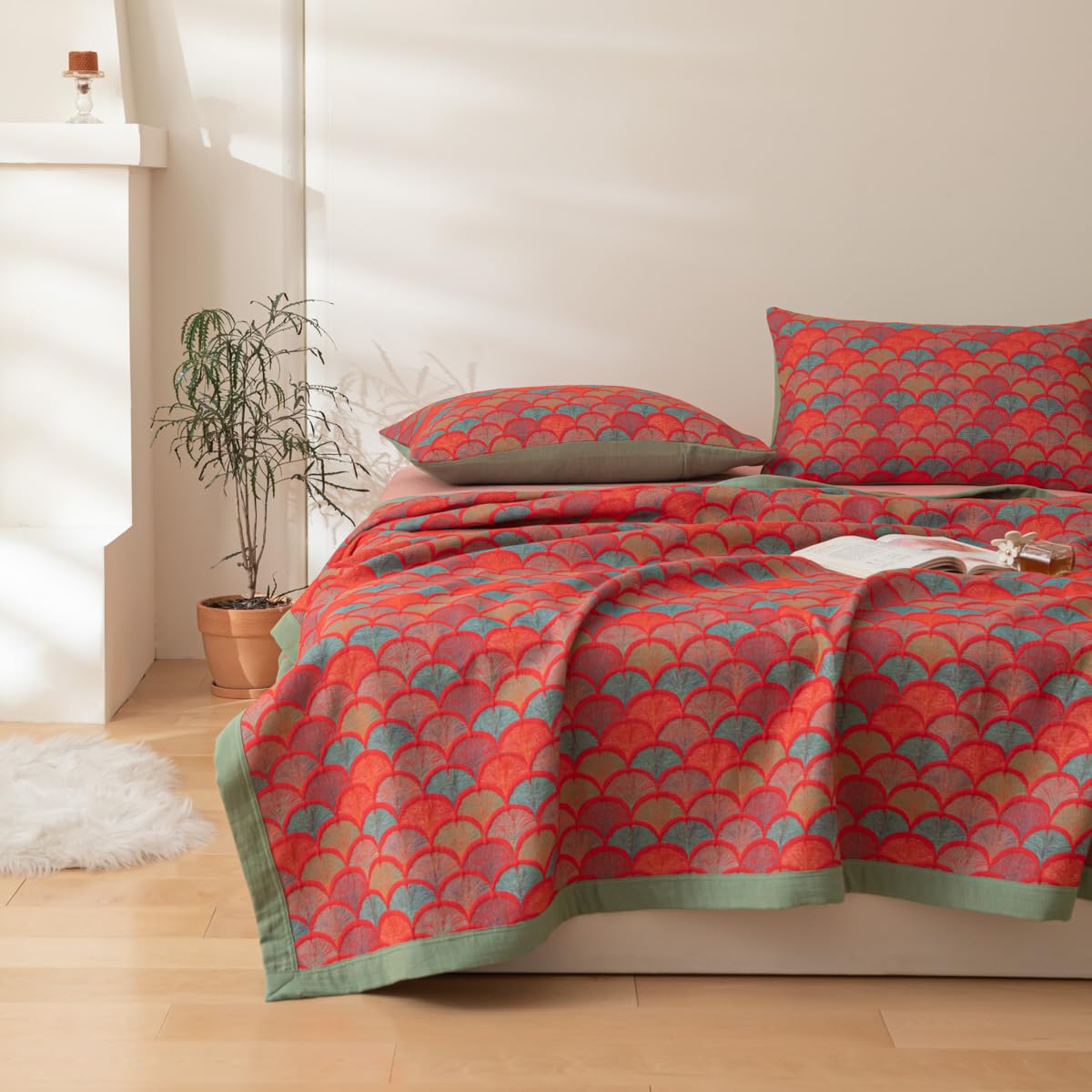 Purefair 100% Cotton Muslin Blanket Jacquard Rustic Mermaid Fish Scales Print Quilt, Soft Bed Cover Reversible Bedspread Coverlet Breathable Lightweight Bedding Full/Queen(78"x94"), No Pillow Sham