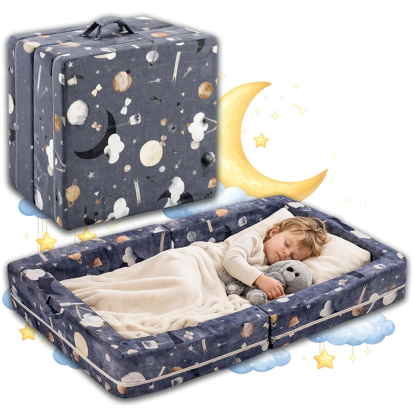 First Comfort Portable Toddler Bed — Foldable Toddler Travel Bed & Folding Floor Bed for Kids/Toddlers 1-5, High-Density Foam, Safety Rails, Washable Cover, No Assembly