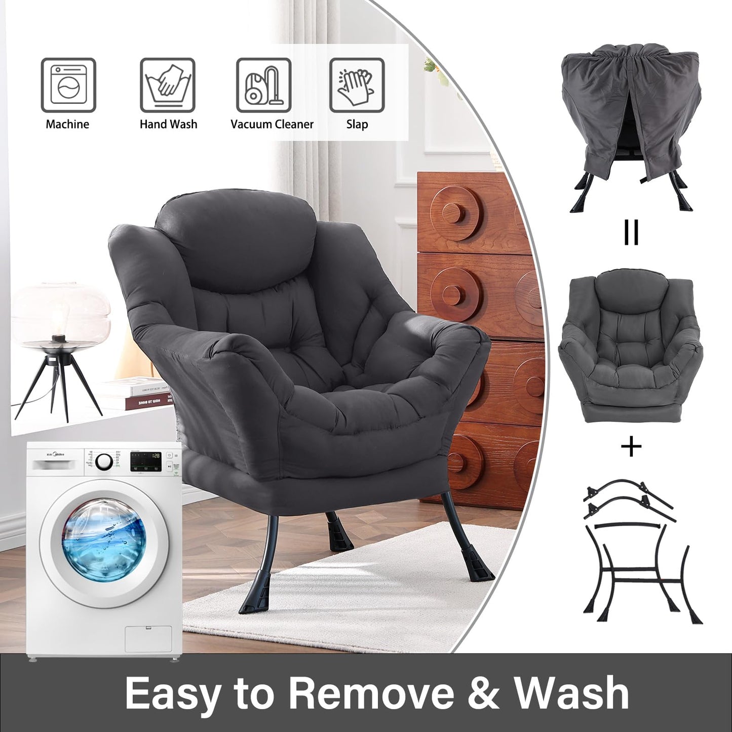 HomEastlly Lazy Chair, Large Accent Chair, Modern Comfy Armchair, Dark Grey Chair for Living Room Bedroom Dorm Room Office Apartment Reading Relaxing Use
