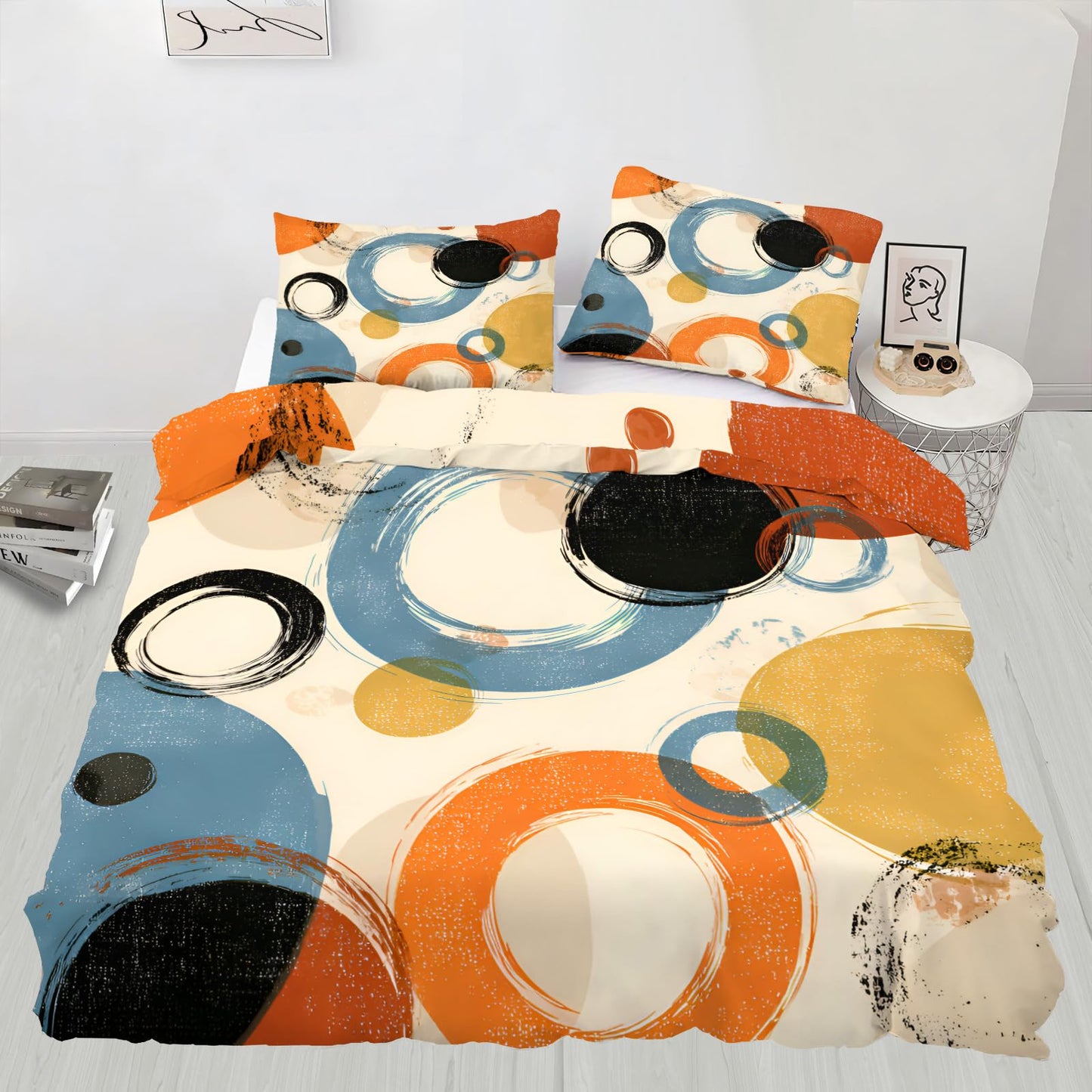 QINYUN Retro Dirt Duvet Cover Queen Size, Abstract Circle Geometry Art Bedding Set 3 Piece Bedroom Decor Farmhouse Comforter Cover with Zipper Ties & 2 Pillowcases