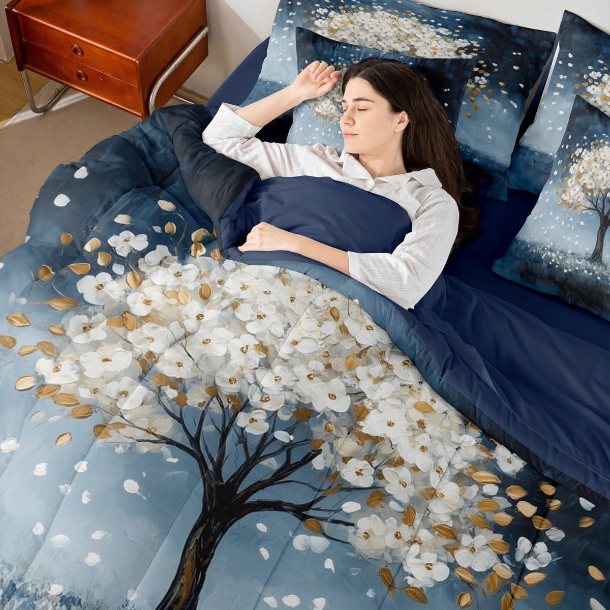 White Tree Branches Pattern 7 Pieces Bedding Set Twin Size Kids Leaf Branches Bed in a Bag with Comforter, Sheets, Pillowcases Fallen Leaves Bed Set Breathable Botanical Room Comforter Set with Sheets