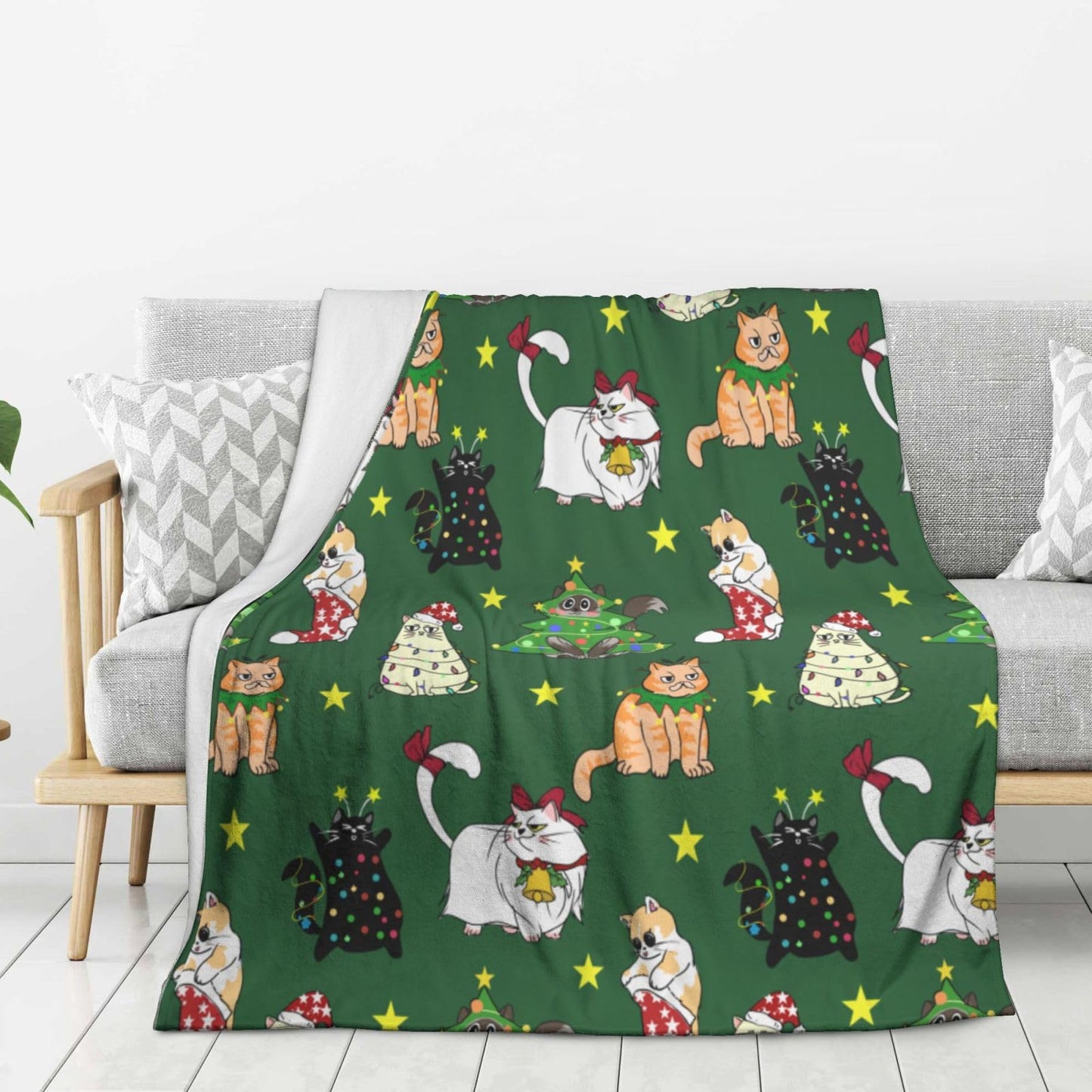 Cute Christmas Cat Throw Blanket Cozy Fluffy Plush Blanket Soft Flannel Throw Blanket for Kids Men Women Gift Sofa Bed Couch 50"x40" Christmas