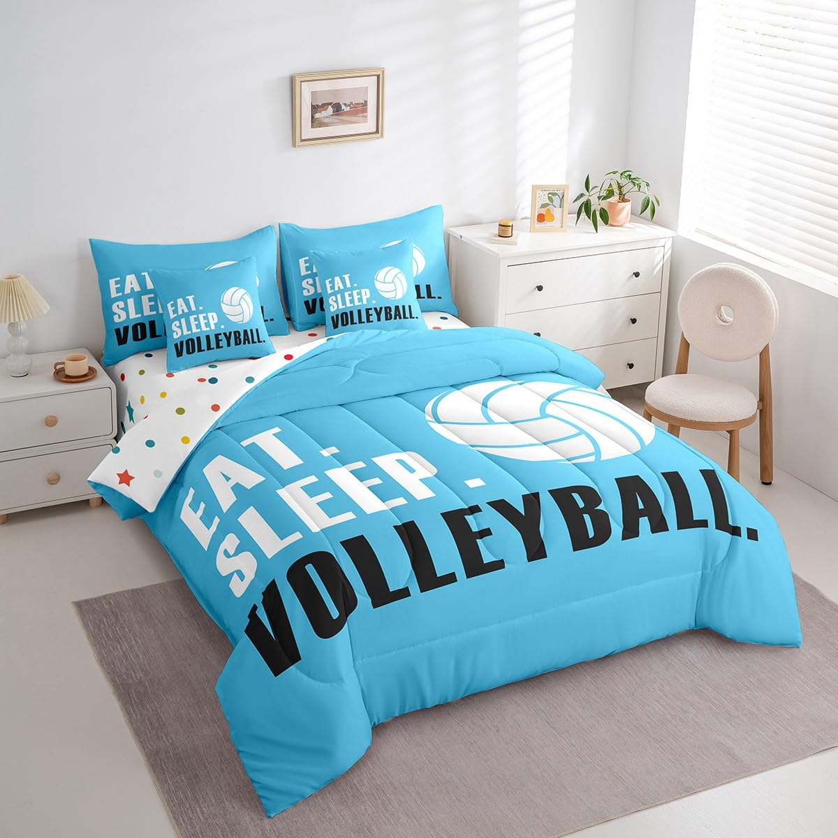 Feelyou Volleyball Comforter Set 7 Piece 3D Ball Sports Bedding Twin Comforter Set for Boys Girls Women Men Blue Eat Sleep Volleyball Bedding Set Ball Games Room Decor Bed in a Bag