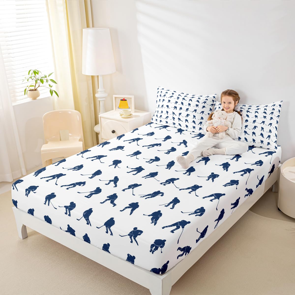 Erosebridal Ice Hockey Sheet Set Full Hockey Player Bed Sheets for Kids Boys Girls Teens Juvenile Sports Game Fitted Sheet Ball Competitive Games Bed Cover Winter Sports Bedroom Decor