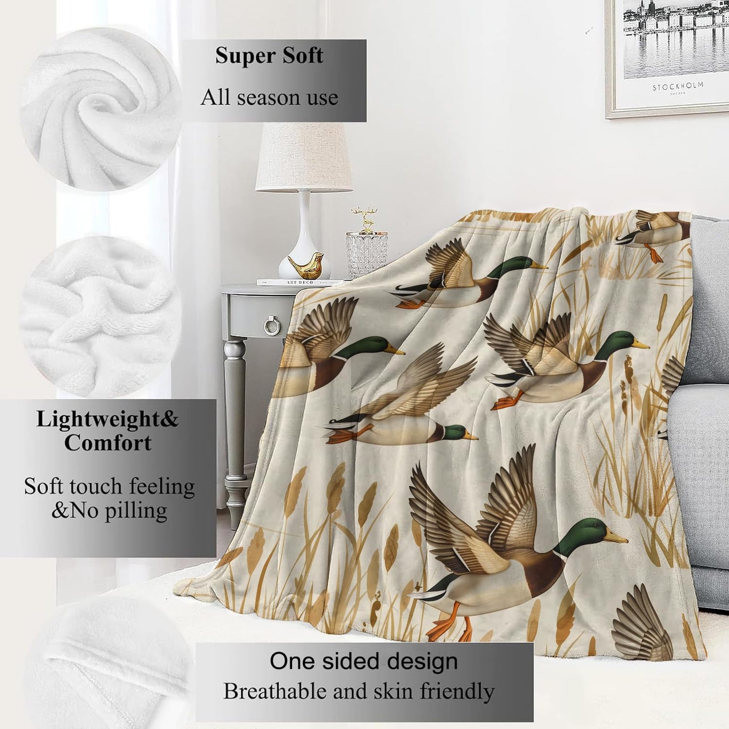 VODRM Duck Blanket Cute Rustic Mallard Ducks Throw Blankets,Birthday Gifts for Kids Girls & Animal Lovers,Lightweight Soft Fleece Cozy for Sofa Couch Bed Room Hunter Decor 50x60in